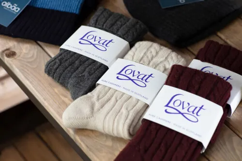 Collection of Lovat socks made in Scotland, showcasing their quality and craftsmanship.